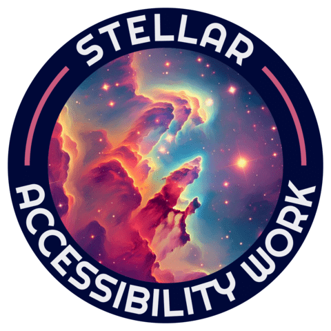 Round sticker with text 'stellar accessibility work' wrapped around the edge. The centre of the sticker is a bright and colourful illustration of the 'pillars of creation' Eagle Nebula.